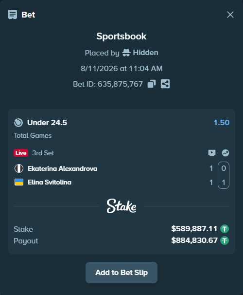 Bet slip: Ekaterina Alexandrova - Elina Svitolina, $590,477.00 stake at 1.50 odds, placed by Hidden