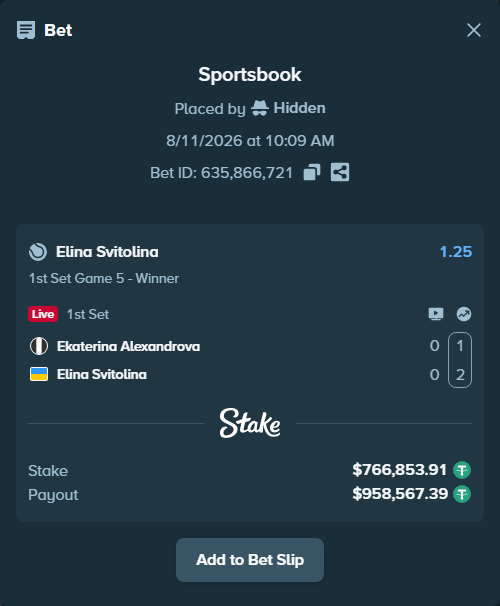 Bet slip: Ekaterina Alexandrova - Elina Svitolina, $767,620.77 stake at 1.25 odds, placed by Hidden