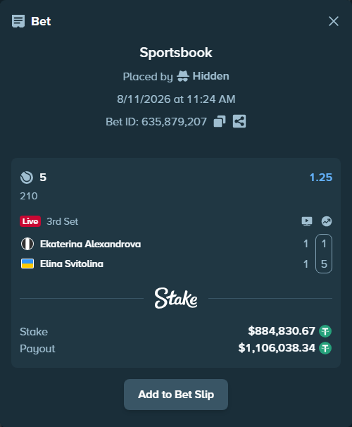 Bet slip: Ekaterina Alexandrova - Elina Svitolina, $885,715.50 stake at 1.25 odds, placed by Hidden