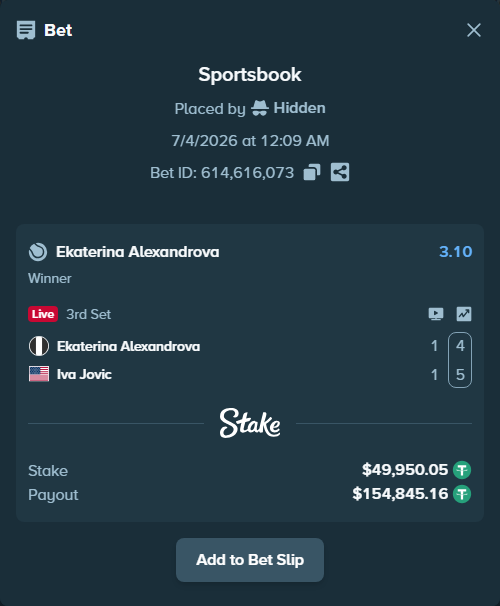 Bet slip: Ekaterina Alexandrova - Iva Jovic, $50,000.00 stake at 3.10 odds, placed by Hidden