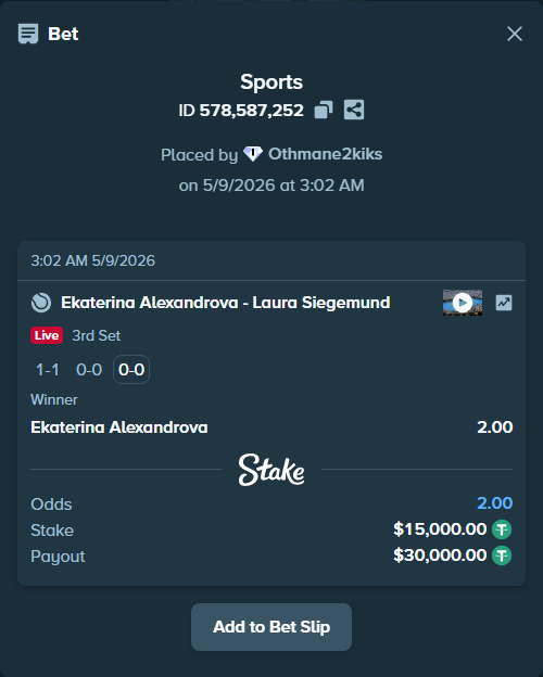 Bet slip: Ekaterina Alexandrova - Laura Siegemund, $15,000.00 stake at 2.00 odds, placed by Othmane2kiks