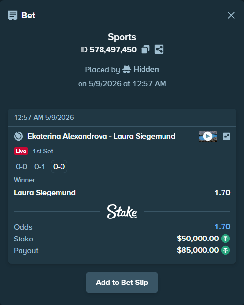 Bet slip: Ekaterina Alexandrova - Laura Siegemund, $50,000.00 stake at 1.70 odds, placed by Hidden