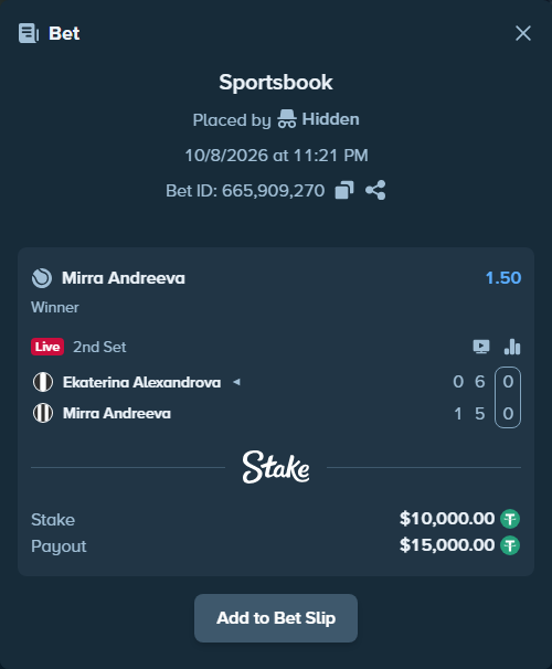Bet slip: Ekaterina Alexandrova - Mirra Andreeva, $10,000.00 stake at 1.50 odds, placed by 383lakhan