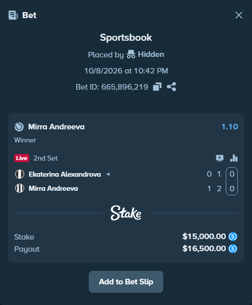 Bet slip: Ekaterina Alexandrova - Mirra Andreeva, $15,000.00 stake at 1.10 odds, placed by Sirilog010