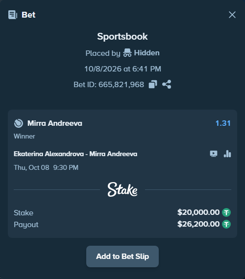 Bet slip: Ekaterina Alexandrova - Mirra Andreeva, $20,000.00 stake at 1.31 odds, placed by hunatimago