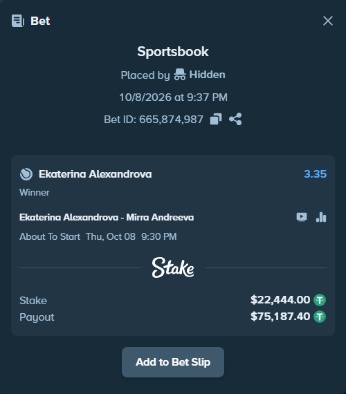 Bet slip: Ekaterina Alexandrova - Mirra Andreeva, $22,444.00 stake at 3.35 odds, placed by Hidden