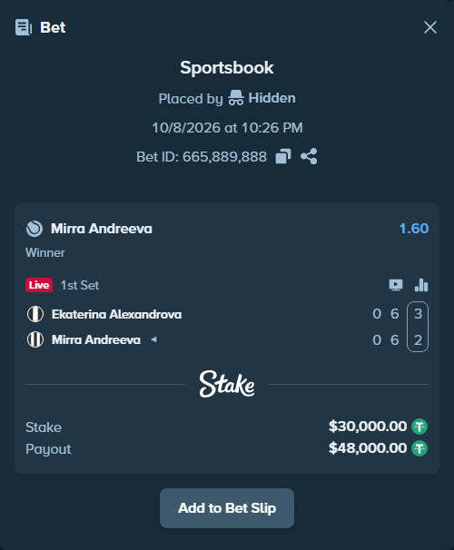 Bet slip: Ekaterina Alexandrova - Mirra Andreeva, $30,000.00 stake at 1.60 odds, placed by itsreezyy