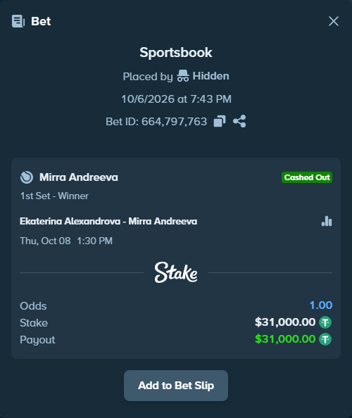 Bet slip: Ekaterina Alexandrova - Mirra Andreeva, $31,000.00 stake at 1.40 odds, placed by mainTerafit