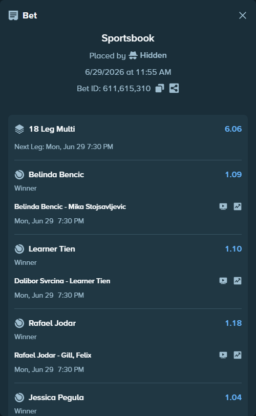 Bet slip: Ekaterina Alexandrova - Panna Udvardy, $75,000.00 stake at 1.20 odds, placed by Hidden