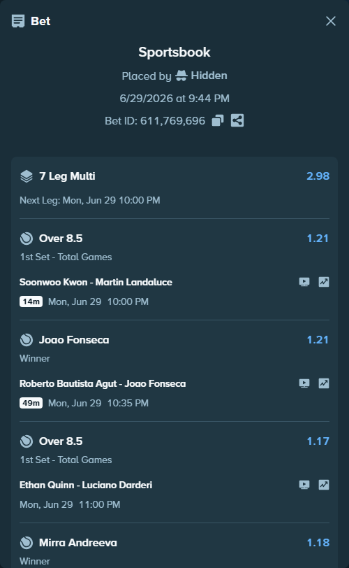 Bet slip: Ekaterina Alexandrova - Panna Udvardy, $75,000.00 stake at 1.20 odds, placed by Hidden
