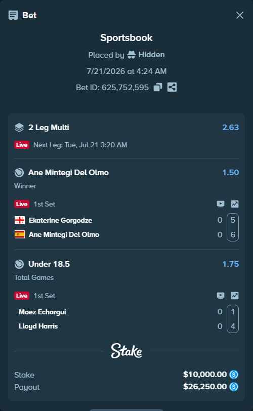 Bet slip: Ekaterine Gorgodze - Ane Mintegi Del Olmo, $10,000.00 stake at 1.50 odds, placed by Hidden