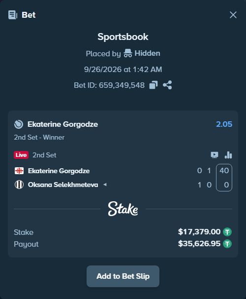Bet slip: Ekaterine Gorgodze - Oksana Selekhmeteva, $17,379.00 stake at 2.05 odds, placed by Hidden