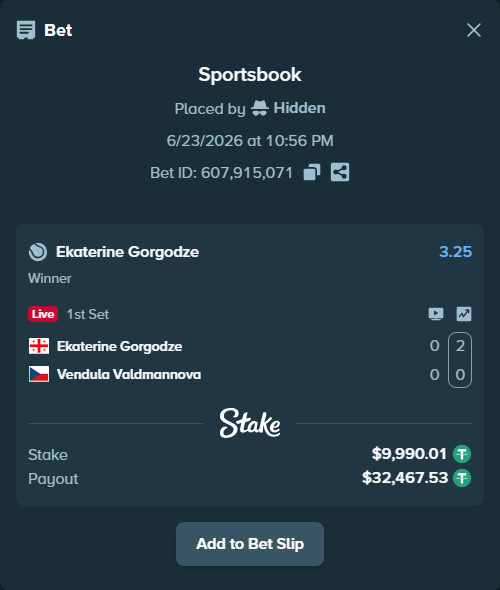 Bet slip: Ekaterine Gorgodze - Vendula Valdmannova, $10,000.00 stake at 3.25 odds, placed by Hidden