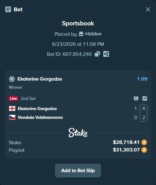 Bet slip: Ekaterine Gorgodze - Vendula Valdmannova, $27,226.88 stake at 1.09 odds, placed by Hidden
