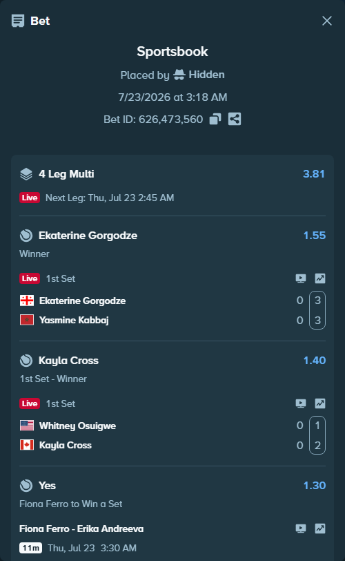 Bet slip: Ekaterine Gorgodze - Yasmine Kabbaj, $10,000.00 stake at 1.55 odds, placed by Hidden