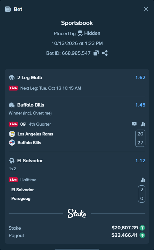 Bet slip: El Salvador - Paraguay, $20,628.00 stake at 1.12 odds, placed by Chitico19