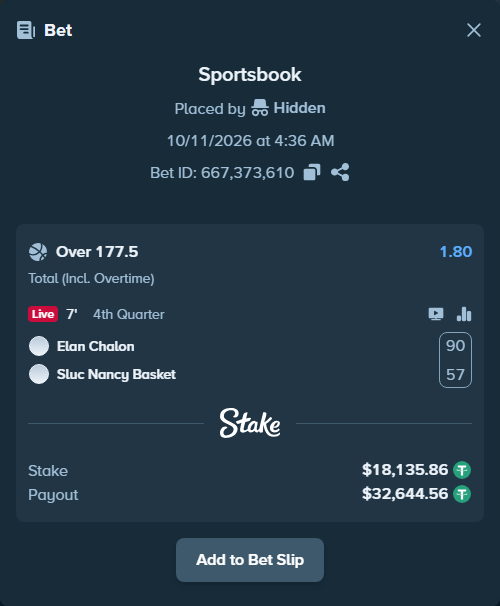 Bet slip: Elan Chalon - Sluc Nancy Basket, $18,154.00 stake at 1.80 odds, placed by Kriski99