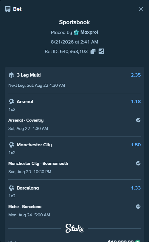 Bet slip: Elche - Barcelona, $10,000.00 stake at 1.33 odds, placed by Maxprof