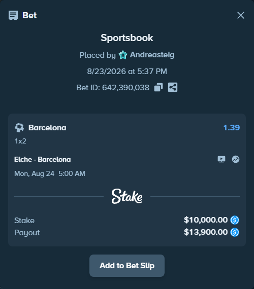 Bet slip: Elche - Barcelona, $10,000.00 stake at 1.39 odds, placed by Andreasteig