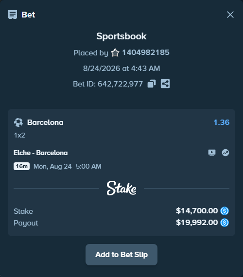 Bet slip: Elche - Barcelona, $14,700.00 stake at 1.36 odds, placed by 1404982185