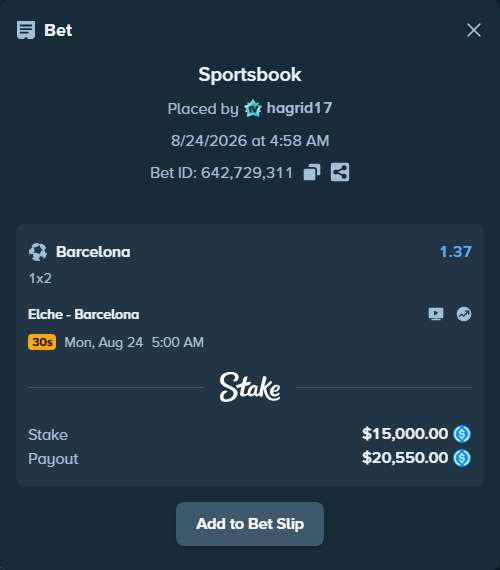 Bet slip: Elche - Barcelona, $15,000.00 stake at 1.37 odds, placed by hagrid17