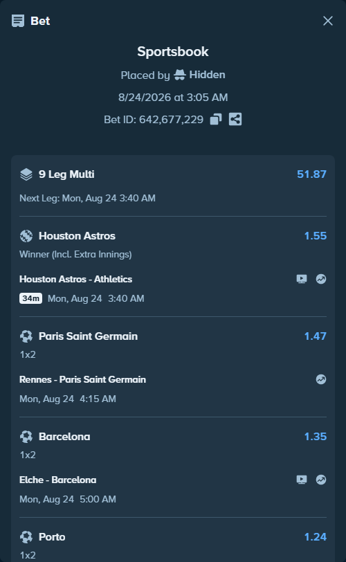 Bet slip: Elche - Barcelona, $17,500.00 stake at 1.35 odds, placed by Hidden