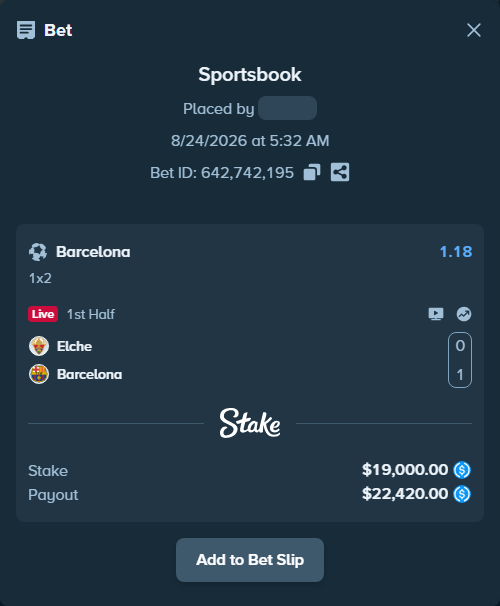 Bet slip: Elche - Barcelona, $19,000.00 stake at 1.18 odds, placed by Storestorm