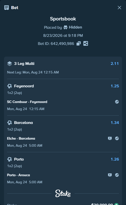 Bet slip: Elche - Barcelona, $20,000.00 stake at 1.34 odds, placed by Hidden