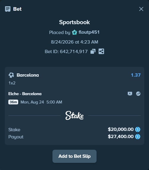 Bet slip: Elche - Barcelona, $20,000.00 stake at 1.37 odds, placed by floutp451
