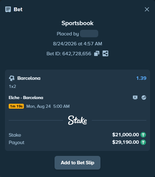Bet slip: Elche - Barcelona, $20,997.90 stake at 1.39 odds, placed by Rimmereid