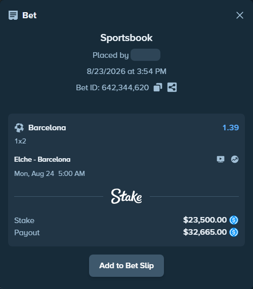 Bet slip: Elche - Barcelona, $23,500.00 stake at 1.39 odds, placed by Erfanabol