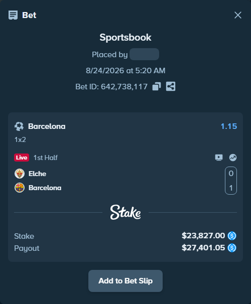 Bet slip: Elche - Barcelona, $23,827.00 stake at 1.15 odds, placed by davidosnn