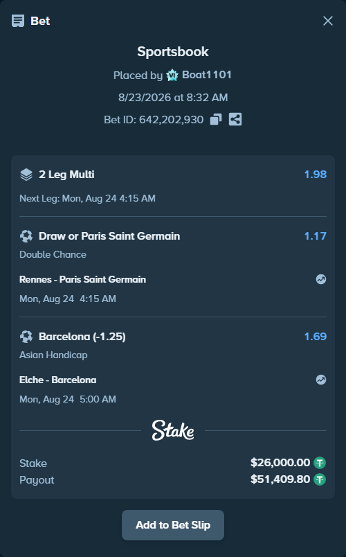 Bet slip: Elche - Barcelona, $26,000.00 stake at 1.69 odds, placed by Boat1101