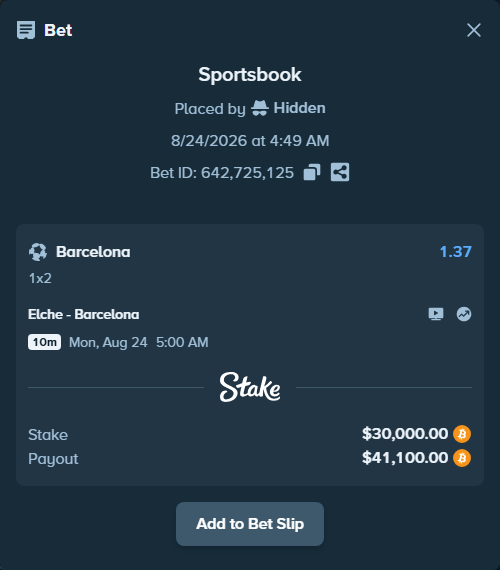 Bet slip: Elche - Barcelona, $30,019.58 stake at 1.37 odds, placed by Jakkobs