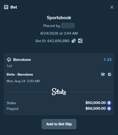 Bet slip: Elche - Barcelona, $50,192.40 stake at 1.33 odds, placed by myprecious1