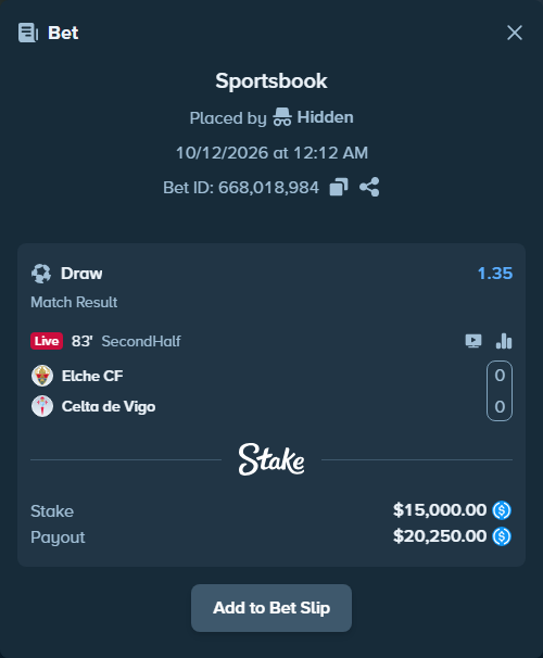 Bet slip: Elche - Celta Vigo, $15,000.00 stake at 1.35 odds, placed by olavandr