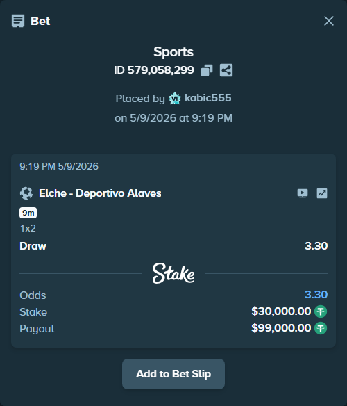Bet slip: Elche - Deportivo Alaves, $30,000.00 stake at 3.30 odds, placed by kabic555