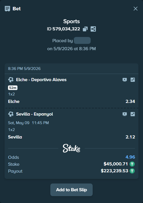 Bet slip: Elche - Deportivo Alaves, $45,000.71 stake at 2.34 odds, placed by Robertchoinski