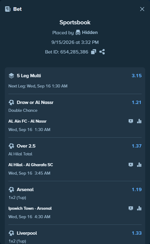 Bet slip: Elche - Real Madrid, $10,000.00 stake at 1.20 odds, placed by Hidden