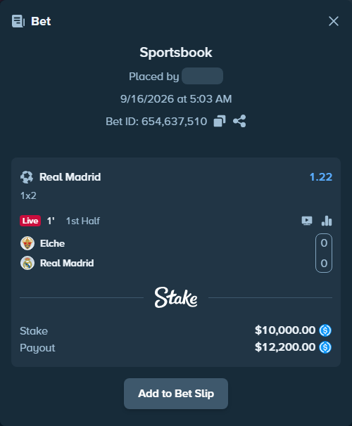 Bet slip: Elche - Real Madrid, $10,000.00 stake at 1.22 odds, placed by Enghandreas