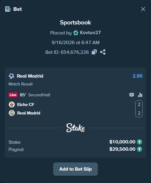 Bet slip: Elche - Real Madrid, $10,000.00 stake at 2.95 odds, placed by Kovtun27