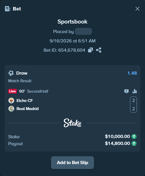 Bet slip: Elche - Real Madrid, $10,000.00 stake at 1.48 odds, placed by Kovtun27