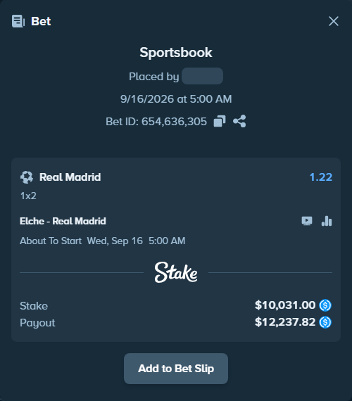 Bet slip: Elche - Real Madrid, $10,031.00 stake at 1.22 odds, placed by opelphinex