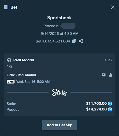 Bet slip: Elche - Real Madrid, $11,700.00 stake at 1.22 odds, placed by AdrewTate