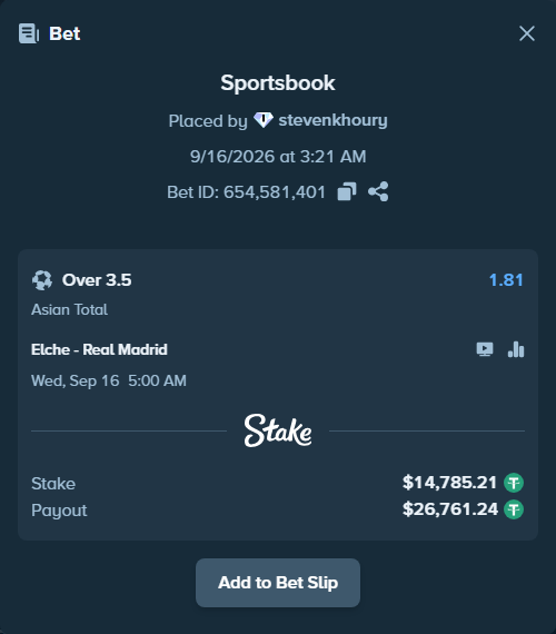 Bet slip: Elche - Real Madrid, $14,800.00 stake at 1.81 odds, placed by stevenkhoury
