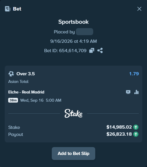 Bet slip: Elche - Real Madrid, $15,000.00 stake at 1.79 odds, placed by stevenkhoury