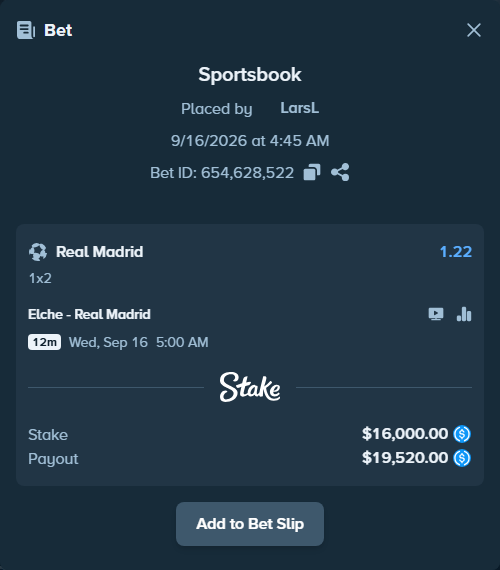 Bet slip: Elche - Real Madrid, $16,000.00 stake at 1.22 odds, placed by LarsL