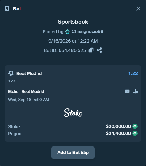 Bet slip: Elche - Real Madrid, $20,000.00 stake at 1.22 odds, placed by Chrisignacio98