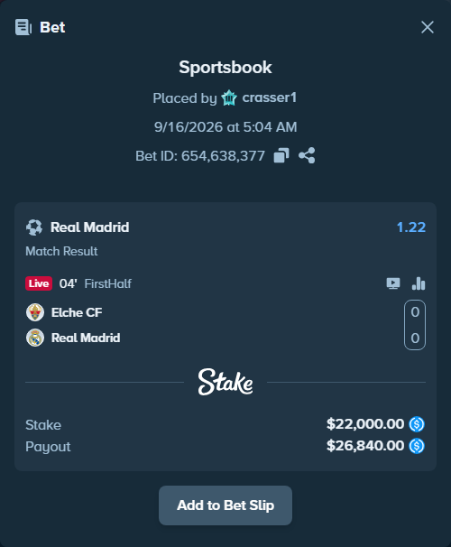 Bet slip: Elche - Real Madrid, $22,000.00 stake at 1.22 odds, placed by crasser1
