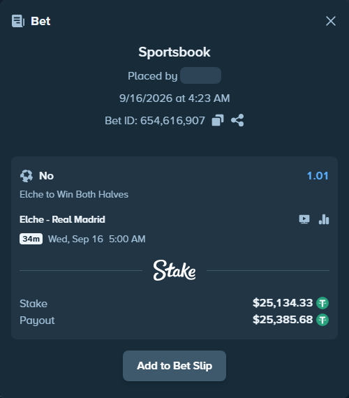 Bet slip: Elche - Real Madrid, $25,159.47 stake at 1.01 odds, placed by uekt
